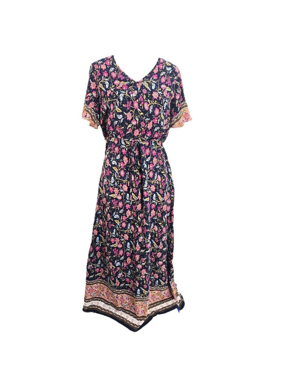 Pretty Garden Black Floral V Neck Flutter Sleeve Maxi Boho Dress Women Size L